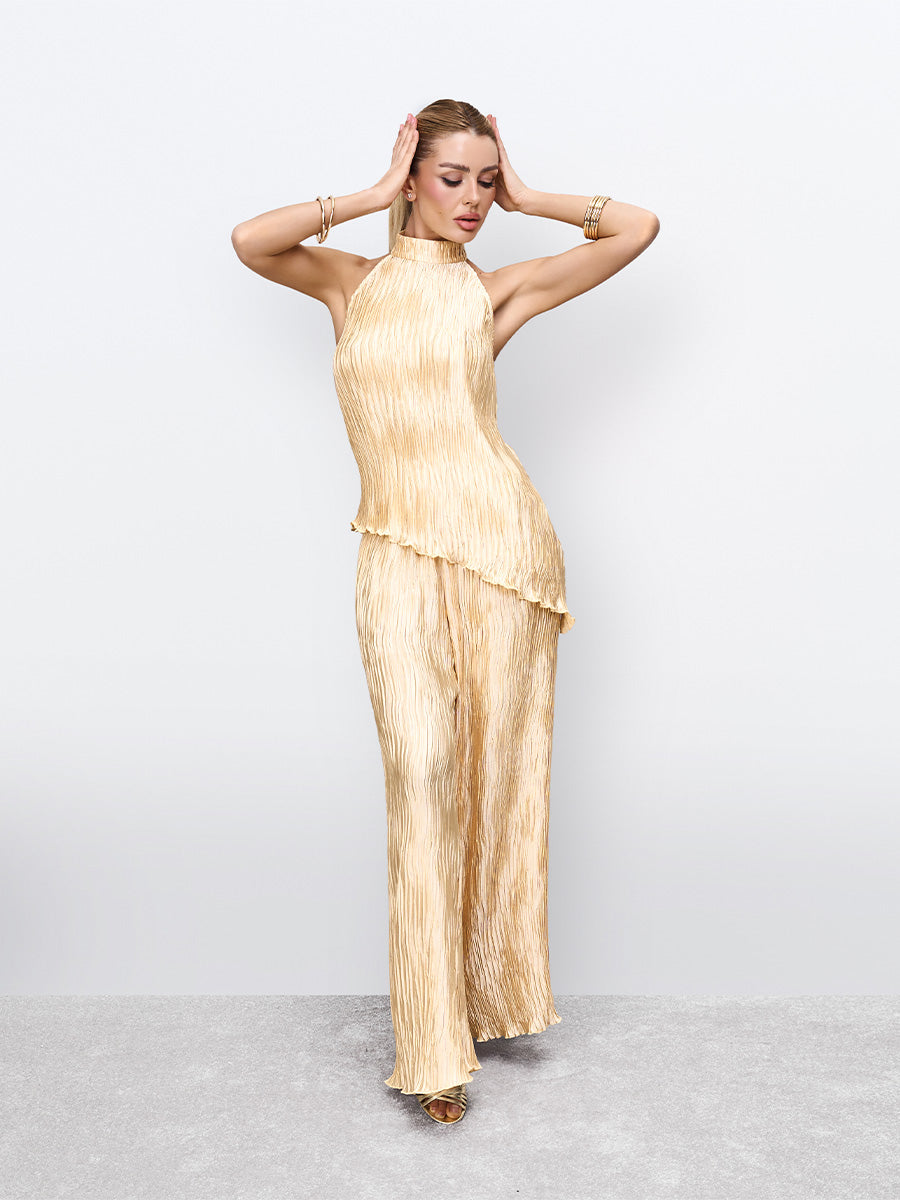 Beige crinkled open-back top