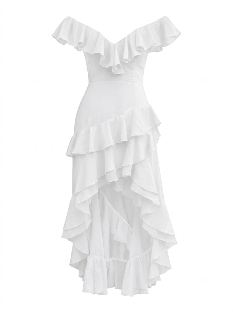 Cream-colored maxi dress with ruffles