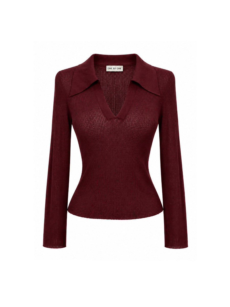 Fitted burgundy knit polo shirt