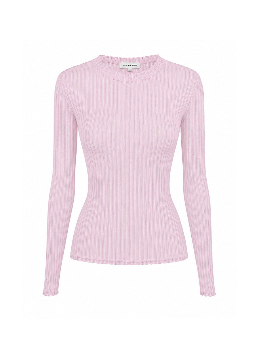 Pink long-sleeve top with a knit arrow pattern