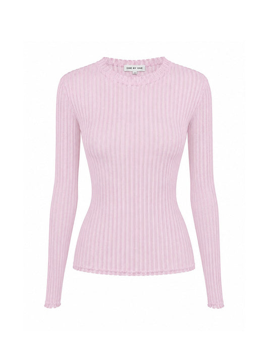 Pink long-sleeve top with a knit arrow pattern