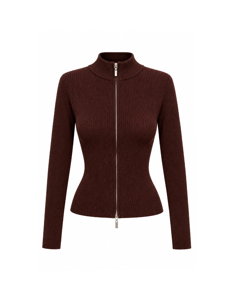 Brown zip-up top with a stand-up collar