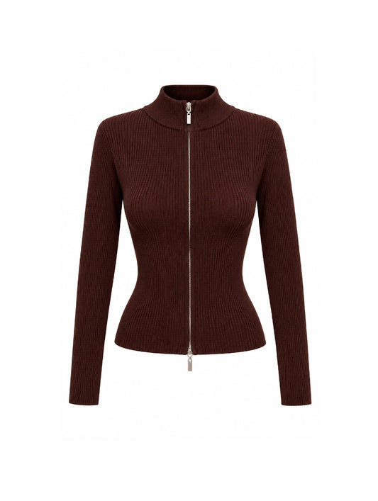 Brown zip-up top with a stand-up collar