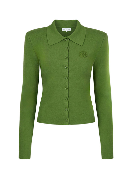 Lime-colored fitted button-up cardigan with a brand detail.