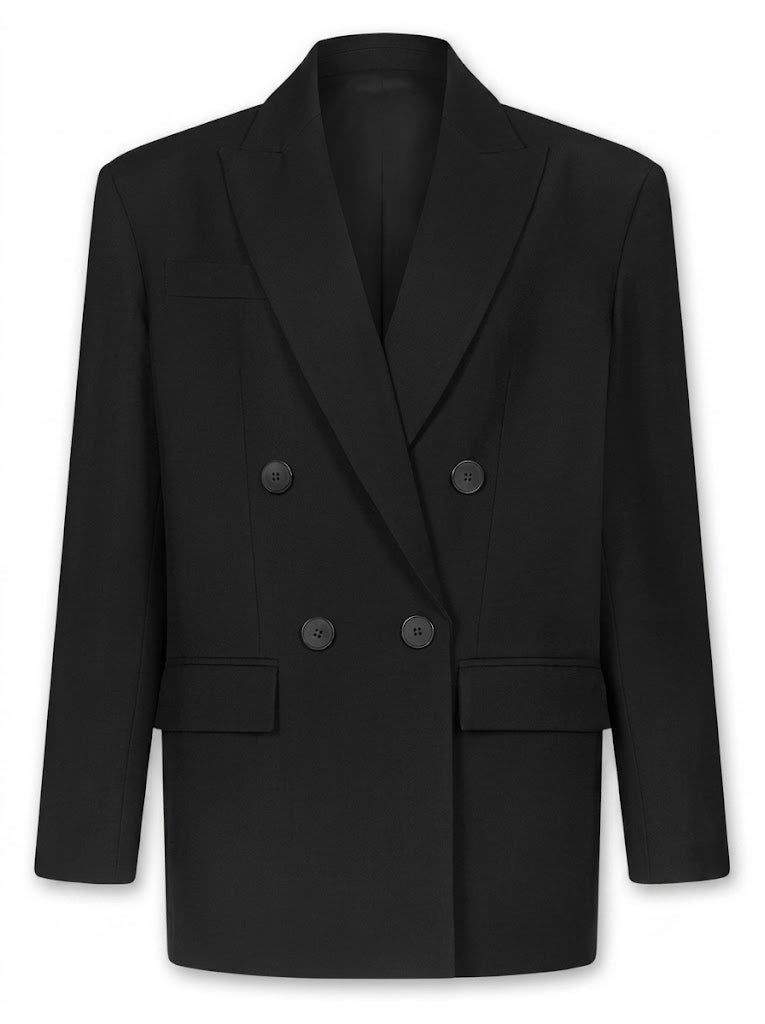 Black double-breasted oversized blazer with shoulder pads