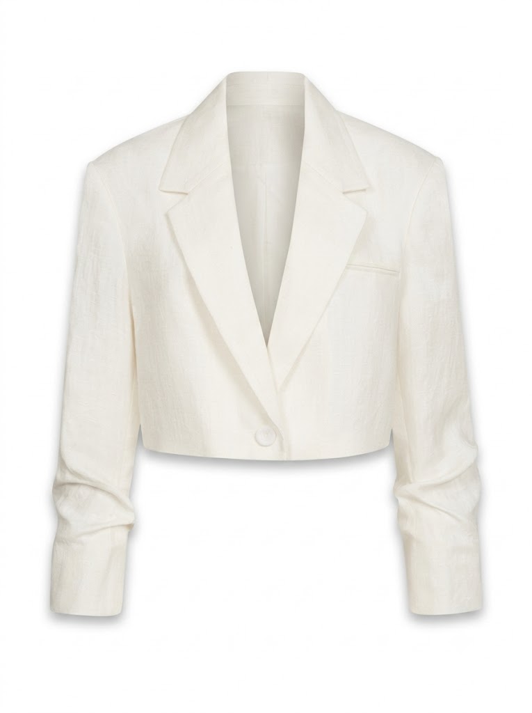 Cream-colored linen cropped jacket with gathered sleeves