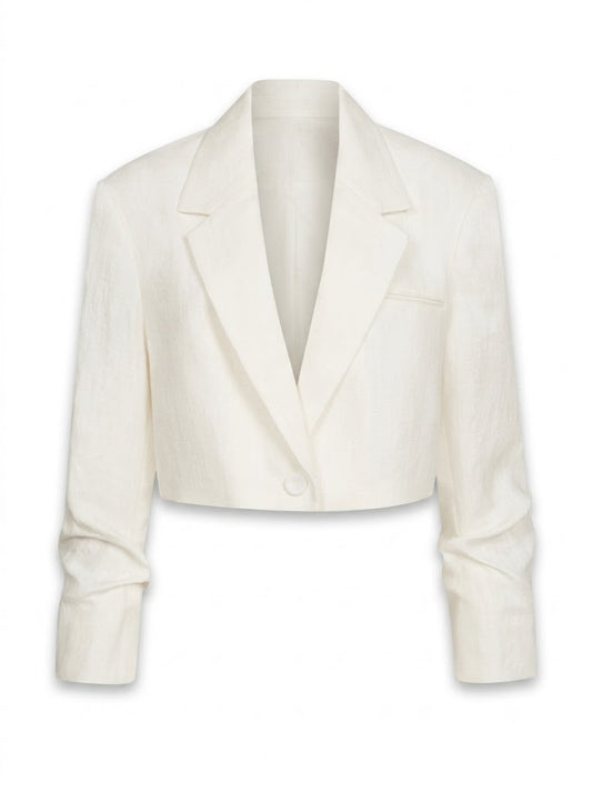 Cream-colored linen cropped jacket with gathered sleeves