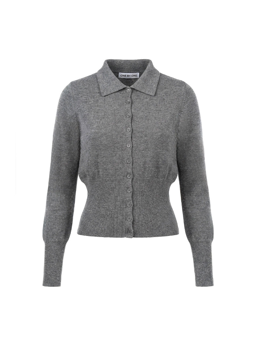 Dark gray button-front long-sleeve top with a wide ribbed waistband and cuffs.