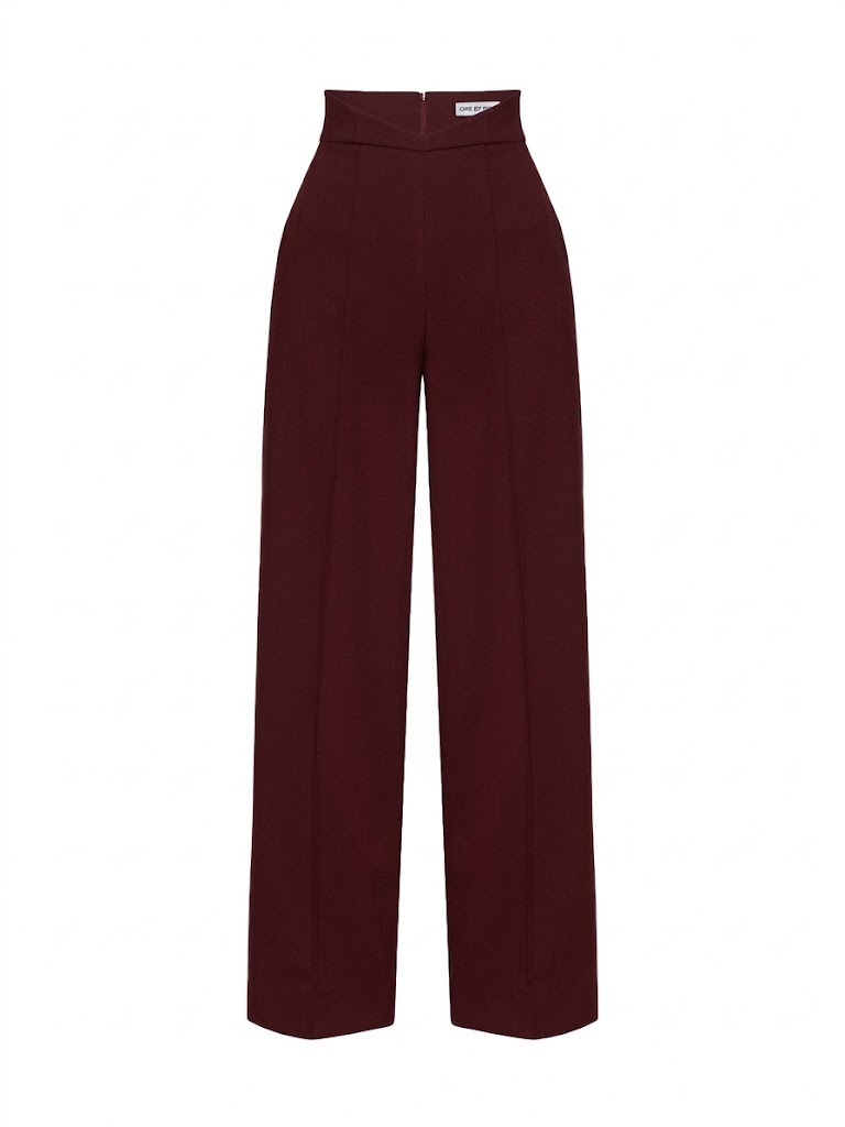 Burgundy palazzo trousers with a corset-style waistband