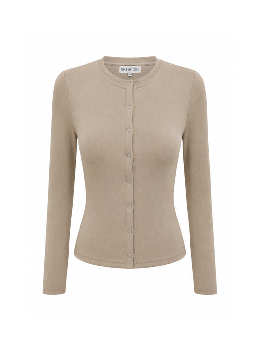 Beige ribbed long-sleeve top with snap buttons