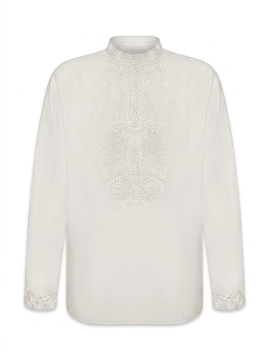 "Marigolds" white shirt with a light-colored pattern
