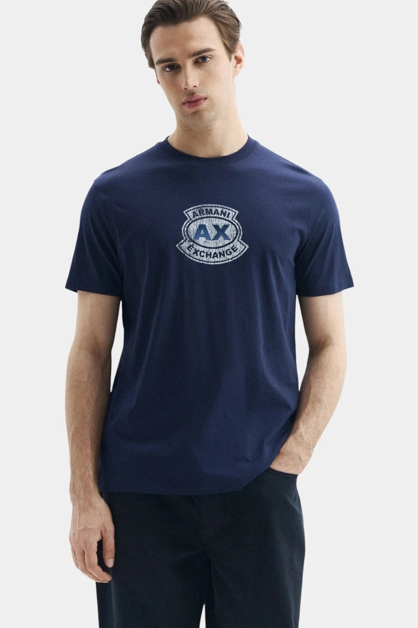 Dark blue cotton T-shirt with a logo