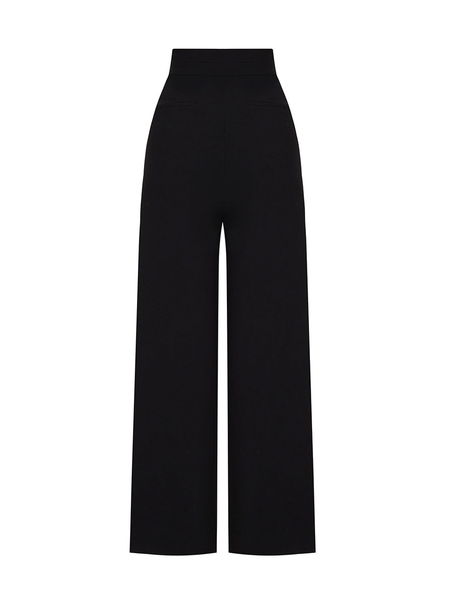Black straight-leg trousers with an asymmetric fastening