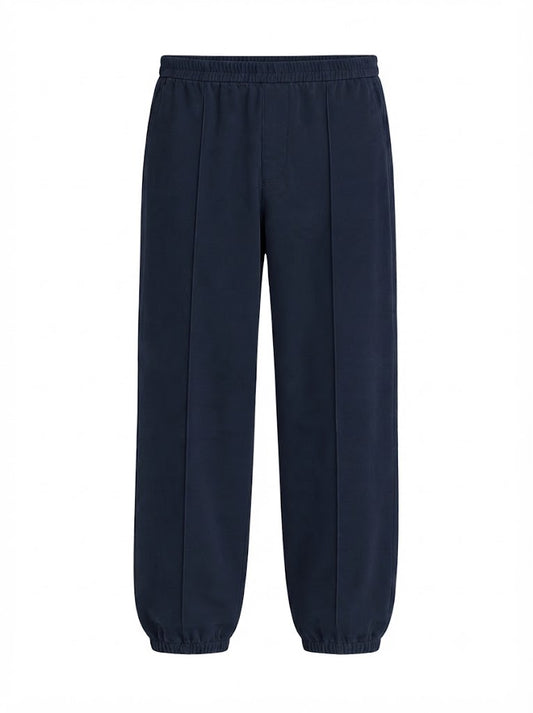 Dark blue trousers with an elastic waistband