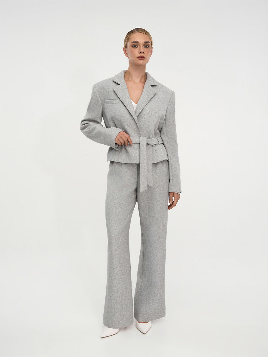 Wide-leg light gray trousers with pockets