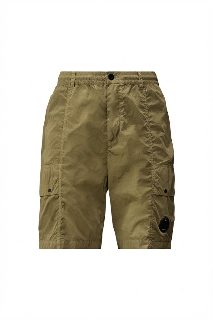 Olive boxy cargo shorts in Chrome-R fabric