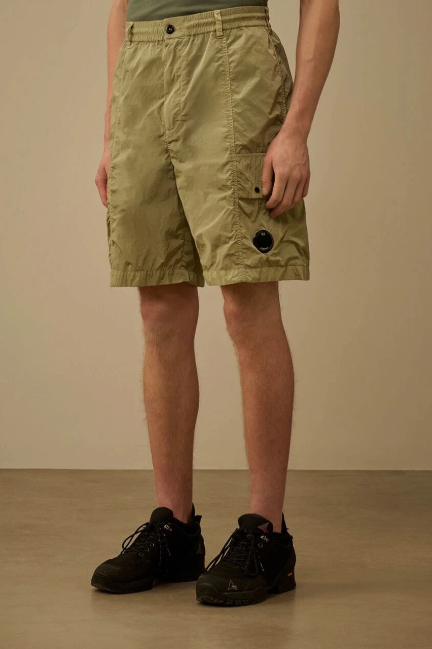 Olive boxy cargo shorts in Chrome-R fabric