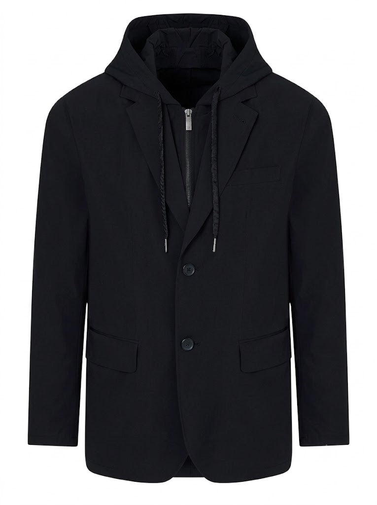 Black casual blazer with a detachable hood