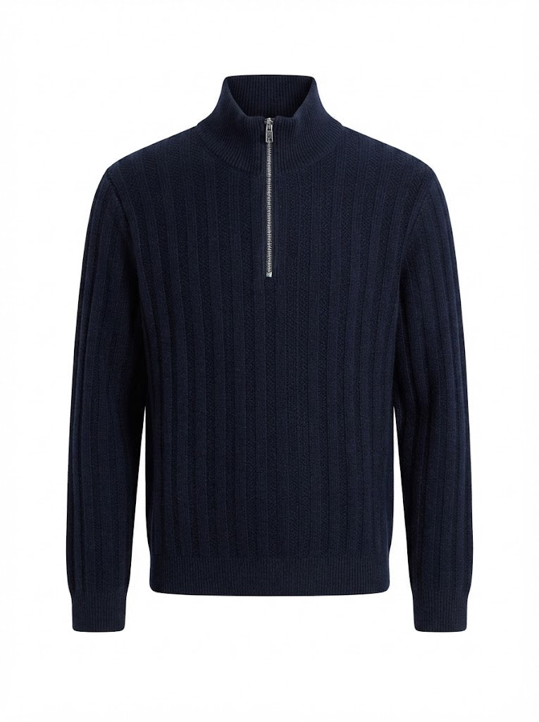 Dark blue knitted sweater with a high zip-up collar