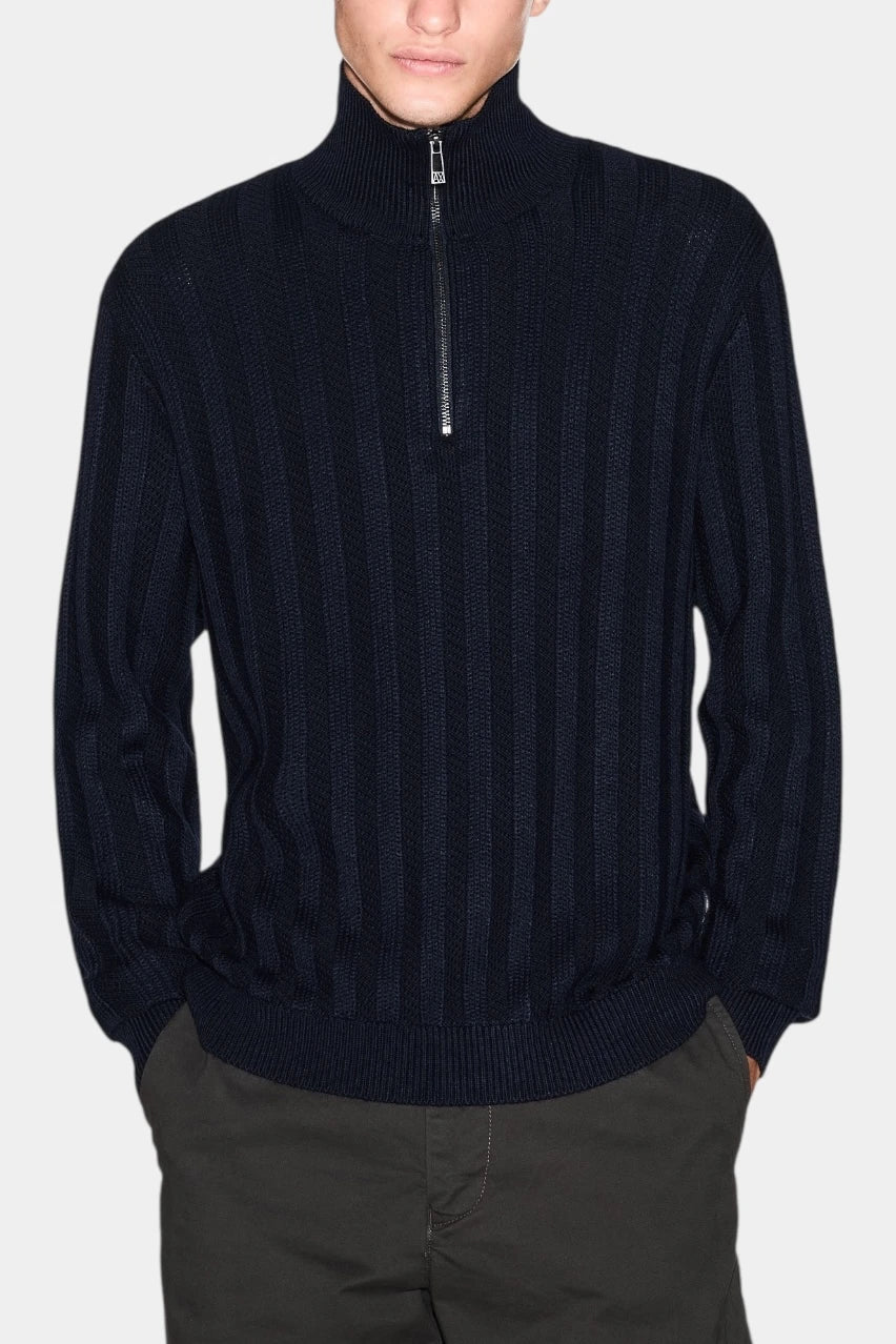 Dark blue knitted sweater with a high zip-up collar
