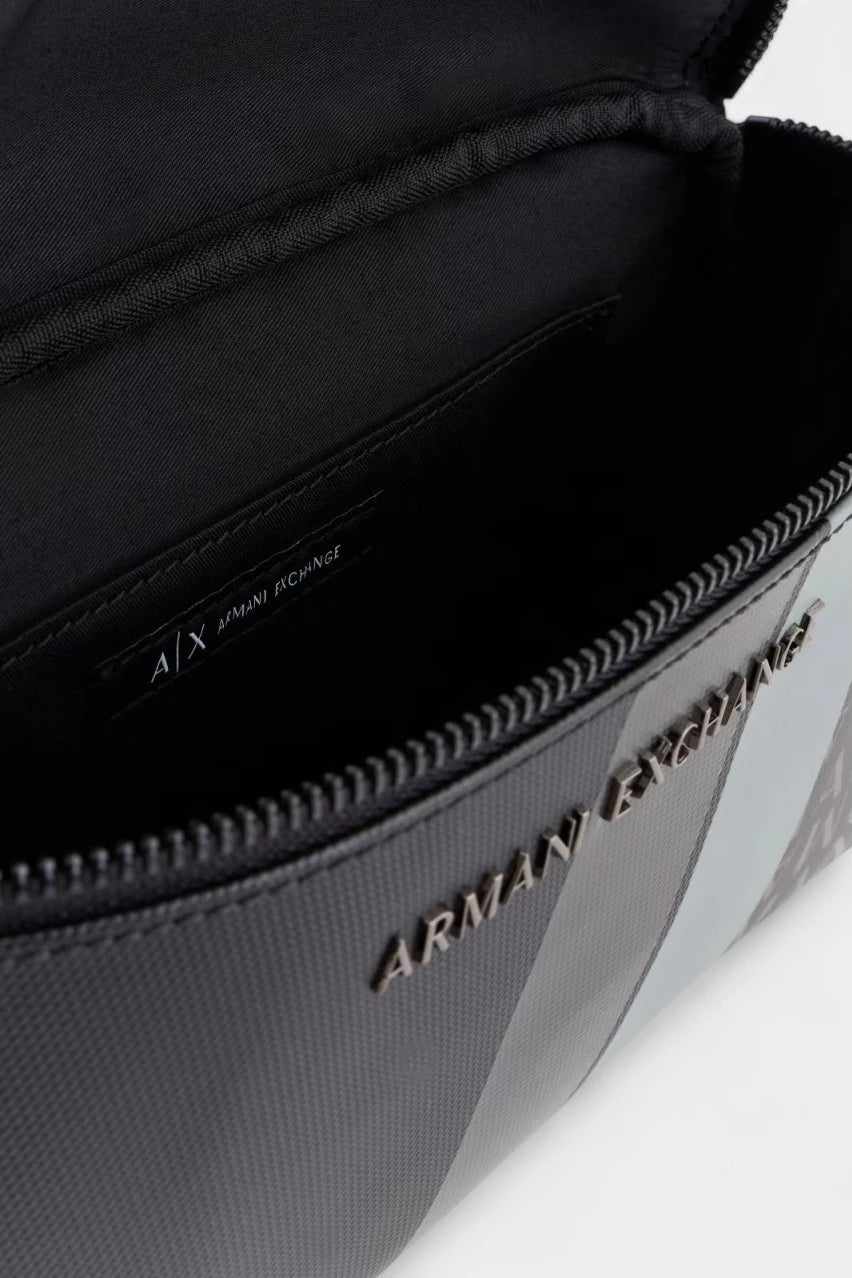 Black belt bag with a monogram and striped design