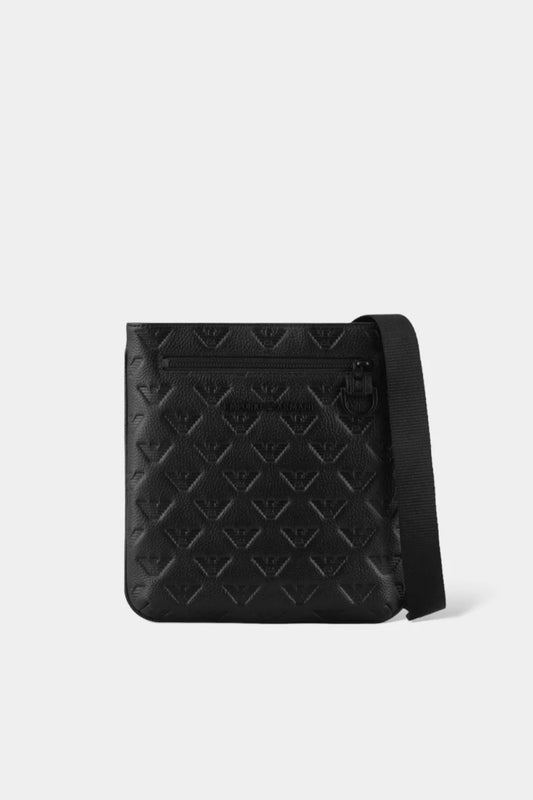 Black leather bag with an all-over embossed logo