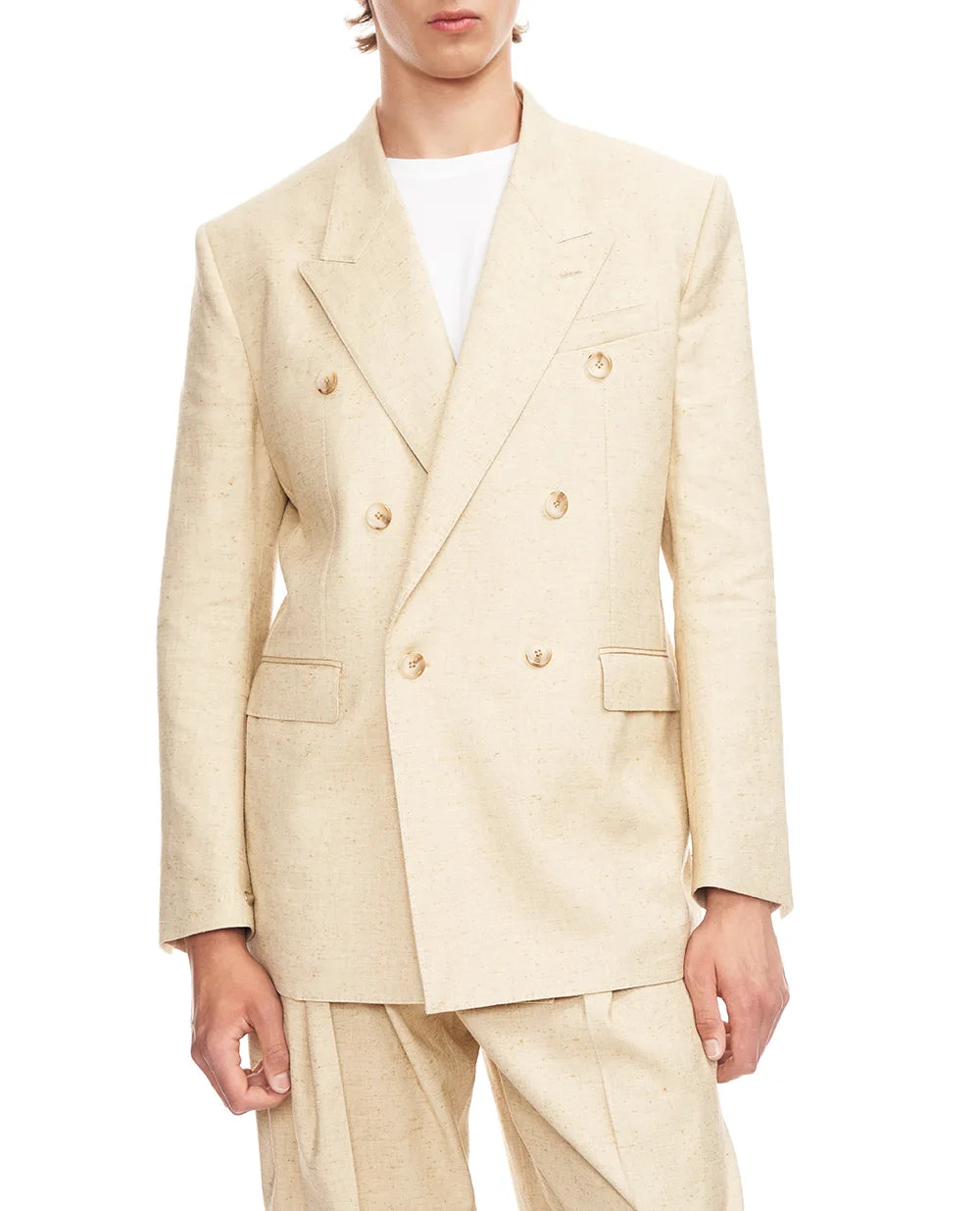 Double-breasted silk and hemp jacket with a tweed effect